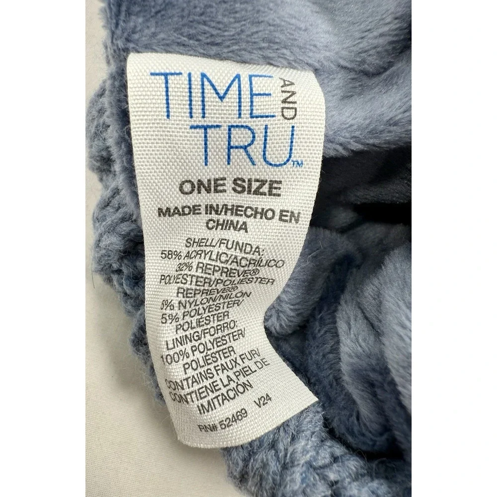 Time and Tru‎ Cable Knit Beanie Winter Hat Faux Fur Pom Blue One Size New